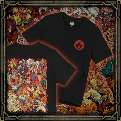 Thumbnail of a T-Shirt artwork depicting iconic Fire-type Pokémon emerging from an ancient volcanic landscape where towering volcanoes, jagged obsidian cliffs, and rivers of molten lava converge. Blazing flames and glowing embers swirl around them as fiery light illuminates the smoke-filled sky, creating a dramatic infernal scene. The design reflects the diversity of Fire-type Pokémon, from agile flame runners to powerful volcanic guardians.