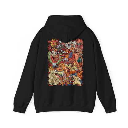 Image 5 of a Hooded Sweatshirt featuring powerful Fire-type Pokémon commanding blazing infernos amid roaring flames, rivers of molten lava, and glowing fiery energy. Cascades of sparks and drifting embers fill the air while ash clouds gather above the volcanic landscape, emphasizing the immense power of fire in nature. The composition highlights explosive movement, elemental strength, and the timeless connection between Fire-type Pokémon and their world of flame.