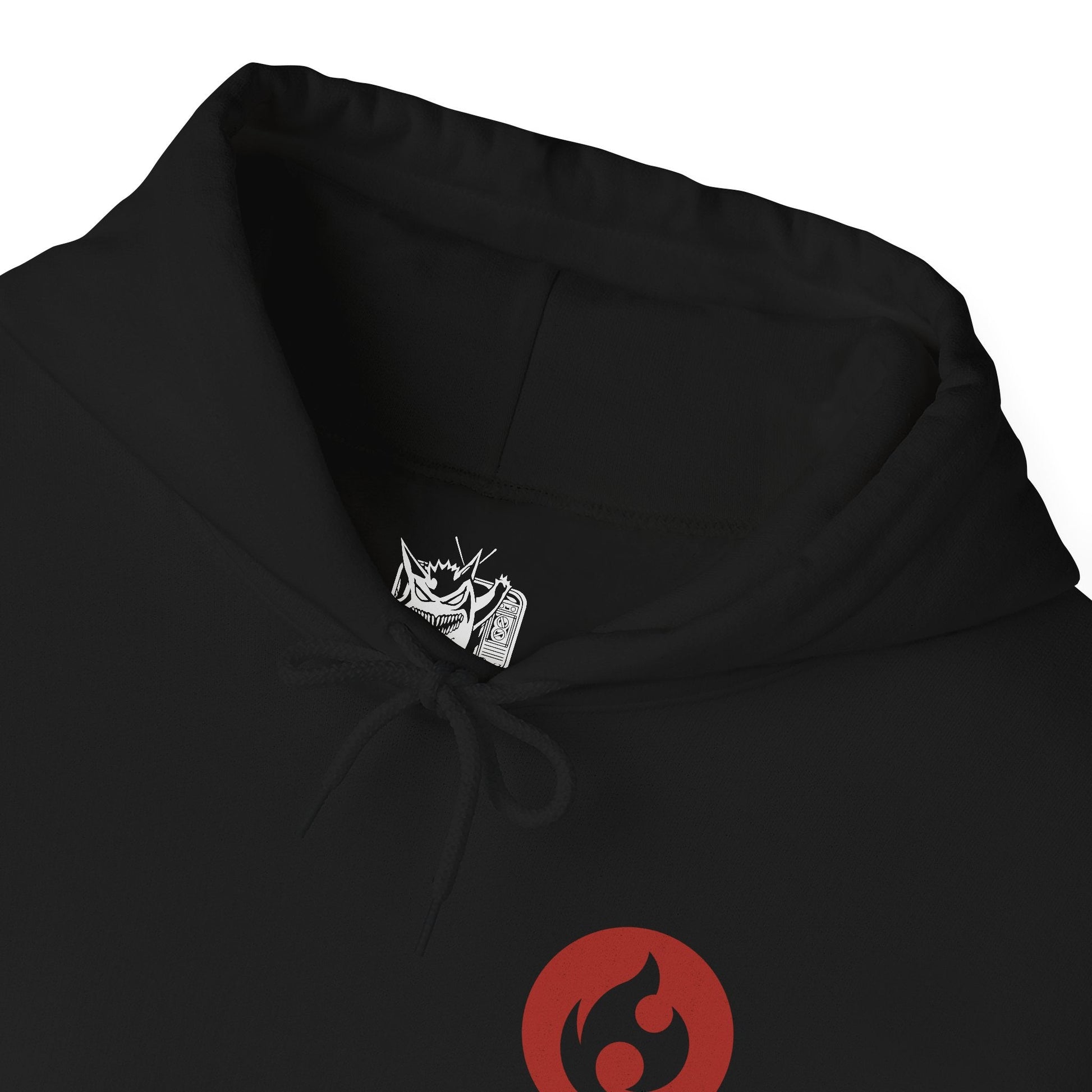 Folded Hooded Sweatshirt featuring powerful Fire-type Pokémon commanding blazing infernos amid roaring flames, rivers of molten lava, and glowing fiery energy. Cascades of sparks and drifting embers fill the air while ash clouds gather above the volcanic landscape, emphasizing the immense power of fire in nature. The composition highlights explosive movement, elemental strength, and the timeless connection between Fire-type Pokémon and their world of flame.