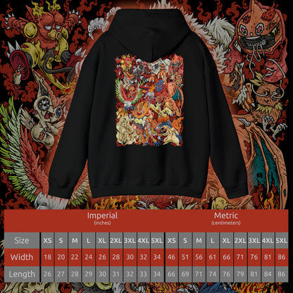 Size chart of a Hooded Sweatshirt featuring powerful Fire-type Pokémon commanding blazing infernos amid roaring flames, rivers of molten lava, and glowing fiery energy. Cascades of sparks and drifting embers fill the air while ash clouds gather above the volcanic landscape, emphasizing the immense power of fire in nature. The composition highlights explosive movement, elemental strength, and the timeless connection between Fire-type Pokémon and their world of flame.