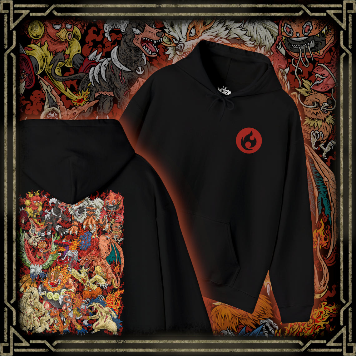 Thumbnail of a Hooded Sweatshirt featuring powerful Fire-type Pokémon commanding blazing infernos amid roaring flames, rivers of molten lava, and glowing fiery energy. Cascades of sparks and drifting embers fill the air while ash clouds gather above the volcanic landscape, emphasizing the immense power of fire in nature. The composition highlights explosive movement, elemental strength, and the timeless connection between Fire-type Pokémon and their world of flame.