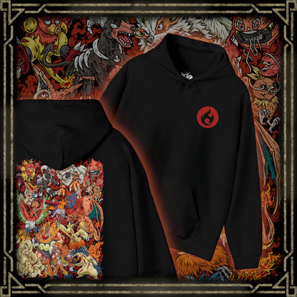 Thumbnail of a Hooded Sweatshirt featuring powerful Fire-type Pokémon commanding blazing infernos amid roaring flames, rivers of molten lava, and glowing fiery energy. Cascades of sparks and drifting embers fill the air while ash clouds gather above the volcanic landscape, emphasizing the immense power of fire in nature. The composition highlights explosive movement, elemental strength, and the timeless connection between Fire-type Pokémon and their world of flame.