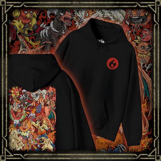 Thumbnail of a Hooded Sweatshirt featuring powerful Fire-type Pokémon commanding blazing infernos amid roaring flames, rivers of molten lava, and glowing fiery energy. Cascades of sparks and drifting embers fill the air while ash clouds gather above the volcanic landscape, emphasizing the immense power of fire in nature. The composition highlights explosive movement, elemental strength, and the timeless connection between Fire-type Pokémon and their world of flame.