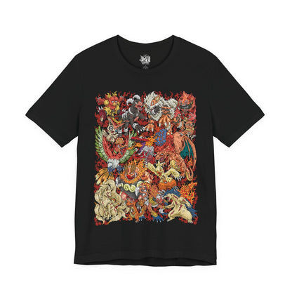 Image 4 of a T-Shirt design featuring a collection of Fire-type Pokémon gathered amid blazing flames, surrounded by molten lava, volcanic rock, drifting embers, and a fiery crimson glow. Roaring infernos swirl around the fiery Pokémon as sparks rise into the smoke-filled sky. The design captures the power, passion, and elemental mastery that define Fire-type Pokémon across volcanic peaks, scorched landscapes, and blazing battlefields.