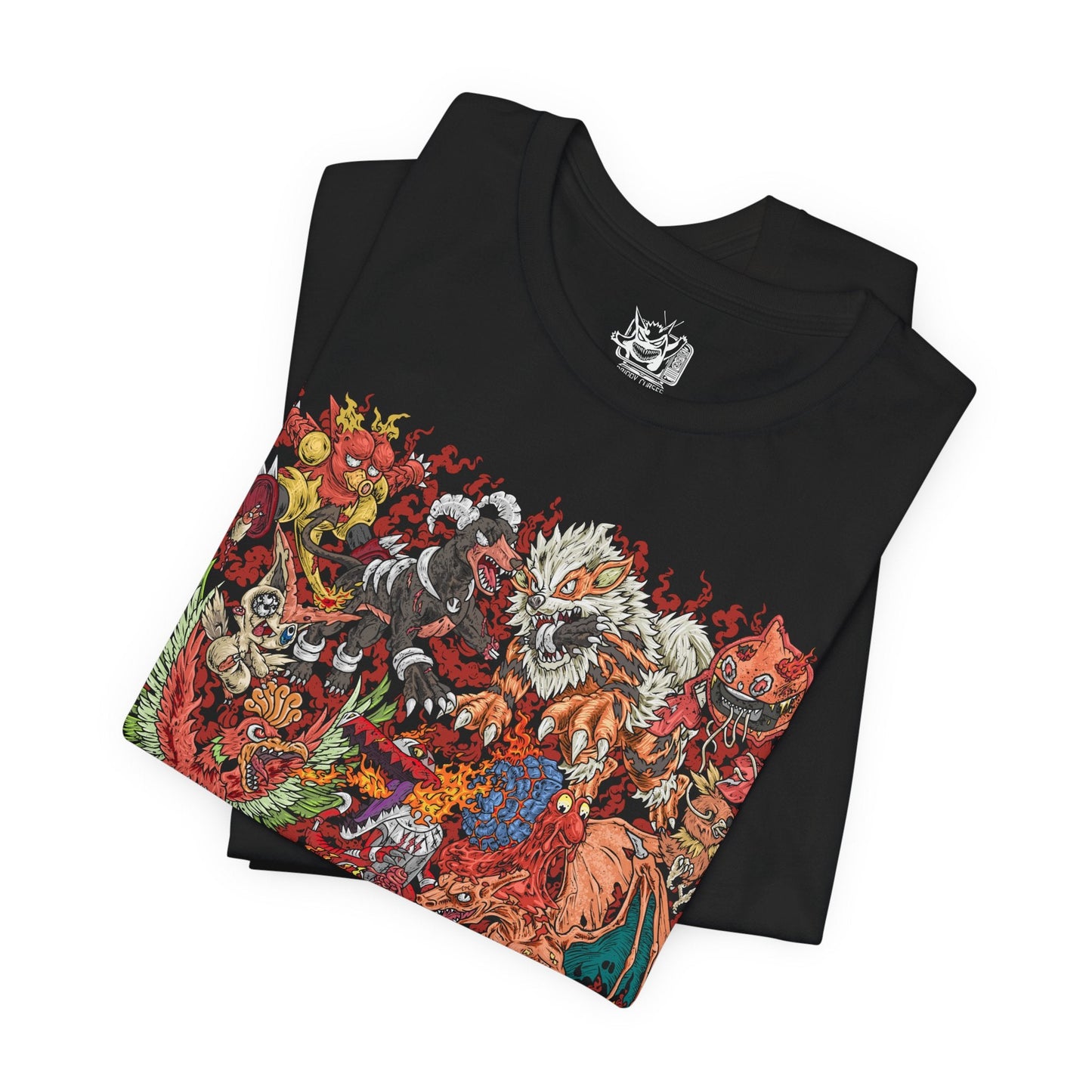 Image 5 of a T-Shirt design featuring a collection of Fire-type Pokémon gathered amid blazing flames, surrounded by molten lava, volcanic rock, drifting embers, and a fiery crimson glow. Roaring infernos swirl around the fiery Pokémon as sparks rise into the smoke-filled sky. The design captures the power, passion, and elemental mastery that define Fire-type Pokémon across volcanic peaks, scorched landscapes, and blazing battlefields.