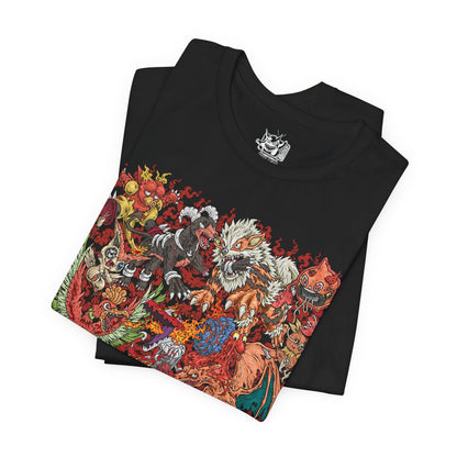 Image 5 of a T-Shirt design featuring a collection of Fire-type Pokémon gathered amid blazing flames, surrounded by molten lava, volcanic rock, drifting embers, and a fiery crimson glow. Roaring infernos swirl around the fiery Pokémon as sparks rise into the smoke-filled sky. The design captures the power, passion, and elemental mastery that define Fire-type Pokémon across volcanic peaks, scorched landscapes, and blazing battlefields.