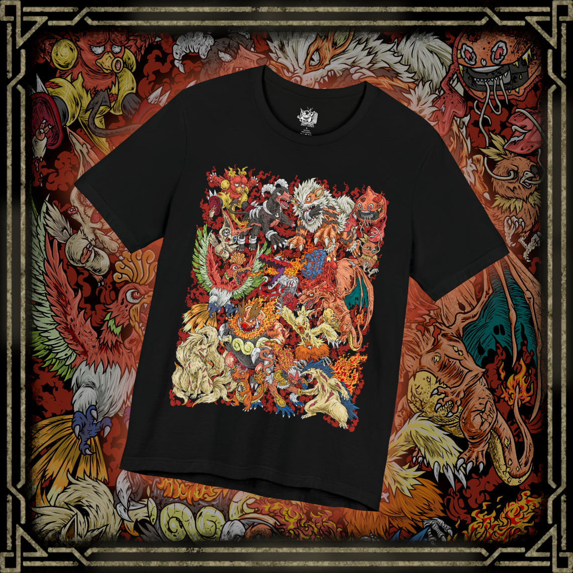 Thumbnail of a T-Shirt design featuring a collection of Fire-type Pokémon gathered amid blazing flames, surrounded by molten lava, volcanic rock, drifting embers, and a fiery crimson glow. Roaring infernos swirl around the fiery Pokémon as sparks rise into the smoke-filled sky. The design captures the power, passion, and elemental mastery that define Fire-type Pokémon across volcanic peaks, scorched landscapes, and blazing battlefields.
