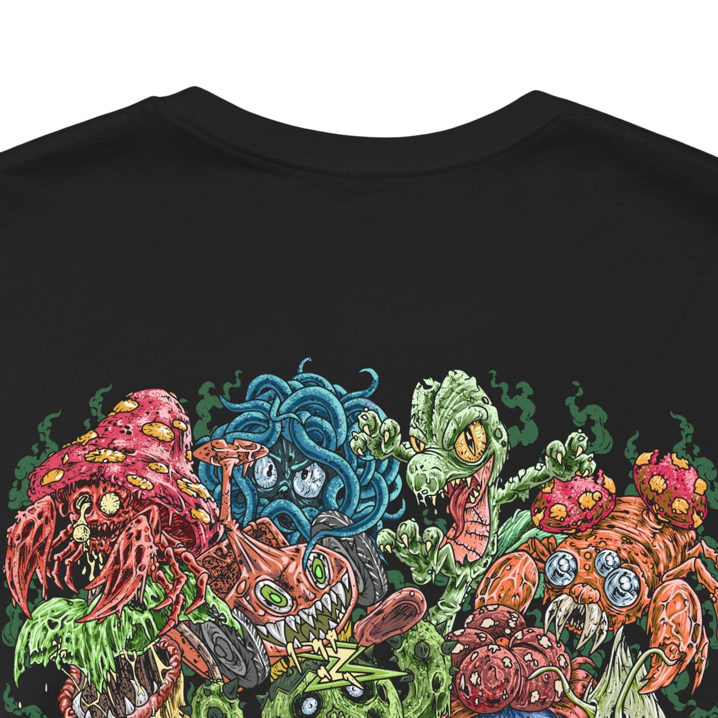 Image 7 of a T-Shirt artwork depicting iconic Grass-type Pokémon standing together in a lush meadow filled with blooming flowers, ancient trees, and winding vines. Green energy flows through the landscape while rays of sunlight illuminate the scene, emphasizing growth and harmony. The design reflects the diverse evolution of Grass-type Pokémon, blending gentle beauty with the hidden strength of nature.