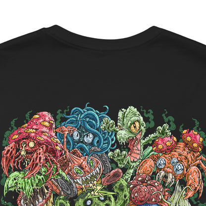 Image 7 of a T-Shirt artwork depicting iconic Grass-type Pokémon standing together in a lush meadow filled with blooming flowers, ancient trees, and winding vines. Green energy flows through the landscape while rays of sunlight illuminate the scene, emphasizing growth and harmony. The design reflects the diverse evolution of Grass-type Pokémon, blending gentle beauty with the hidden strength of nature.