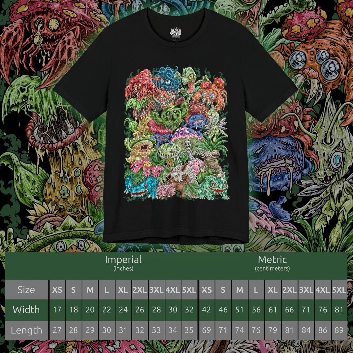 Size chart of a T-Shirt artwork depicting iconic Grass-type Pokémon standing together in a lush meadow filled with blooming flowers, ancient trees, and winding vines. Green energy flows through the landscape while rays of sunlight illuminate the scene, emphasizing growth and harmony. The design reflects the diverse evolution of Grass-type Pokémon, blending gentle beauty with the hidden strength of nature.