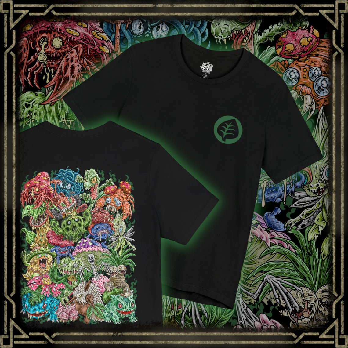 Thumbnail of a T-Shirt artwork depicting iconic Grass-type Pokémon standing together in a lush meadow filled with blooming flowers, ancient trees, and winding vines. Green energy flows through the landscape while rays of sunlight illuminate the scene, emphasizing growth and harmony. The design reflects the diverse evolution of Grass-type Pokémon, blending gentle beauty with the hidden strength of nature.