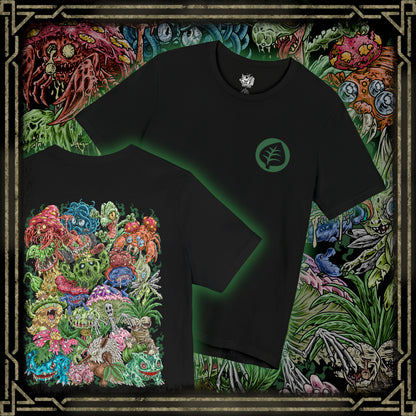 Thumbnail of a T-Shirt artwork depicting iconic Grass-type Pokémon standing together in a lush meadow filled with blooming flowers, ancient trees, and winding vines. Green energy flows through the landscape while rays of sunlight illuminate the scene, emphasizing growth and harmony. The design reflects the diverse evolution of Grass-type Pokémon, blending gentle beauty with the hidden strength of nature.