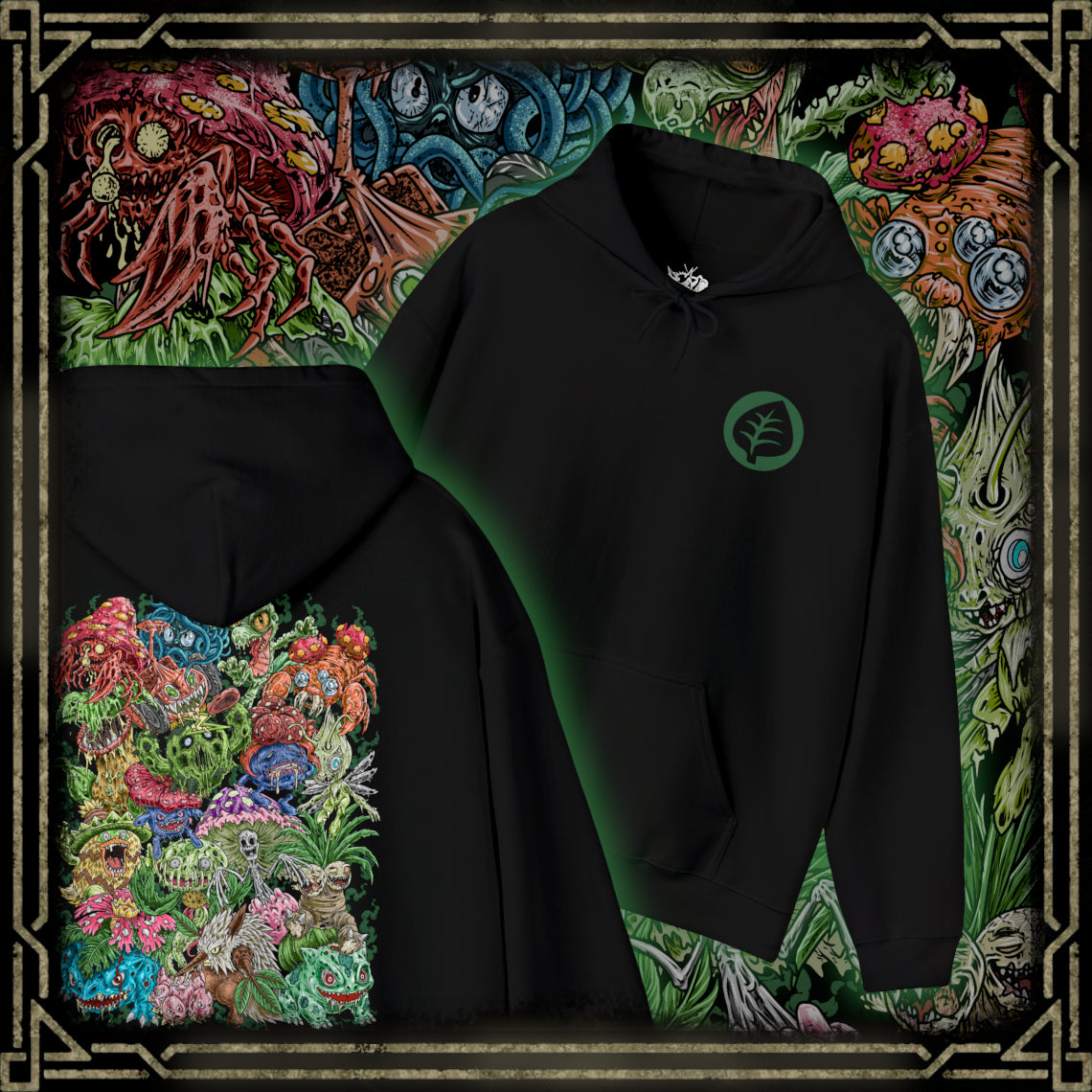 Thumbnail of a Hooded Sweatshirt illustration of powerful Grass-type Pokémon emerging from an ancient woodland where moss-covered ruins, giant roots, and glowing foliage create a magical atmosphere. Leaves swirl through the air as vibrant green energy radiates across the forest floor. The composition emphasizes the spirit of nature, botanical power, and the timeless connection between Grass-type Pokémon and the living world.