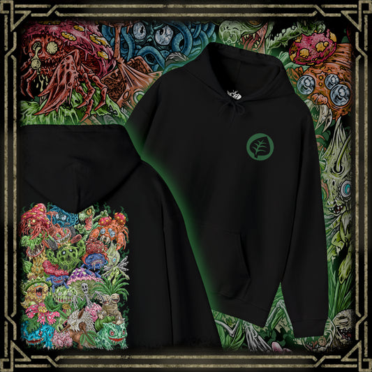 Thumbnail of a Hooded Sweatshirt illustration of powerful Grass-type Pokémon emerging from an ancient woodland where moss-covered ruins, giant roots, and glowing foliage create a magical atmosphere. Leaves swirl through the air as vibrant green energy radiates across the forest floor. The composition emphasizes the spirit of nature, botanical power, and the timeless connection between Grass-type Pokémon and the living world.