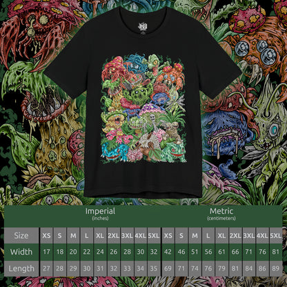 Size chart of a T-Shirt design featuring a collection of Grass-type Pokémon gathered within a vibrant enchanted forest, surrounded by towering trees, flowering vines, and glowing leaves. Sunlight filters through the canopy as nature flourishes around them, highlighting their deep connection to forests, plants, and natural energy. The design captures the peaceful beauty, resilience, and elemental power that define Grass-type Pokémon.
