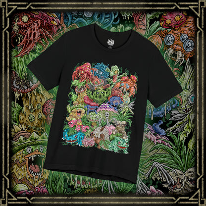Thumbnail of a T-Shirt design featuring a collection of Grass-type Pokémon gathered within a vibrant enchanted forest, surrounded by towering trees, flowering vines, and glowing leaves. Sunlight filters through the canopy as nature flourishes around them, highlighting their deep connection to forests, plants, and natural energy. The design captures the peaceful beauty, resilience, and elemental power that define Grass-type Pokémon.