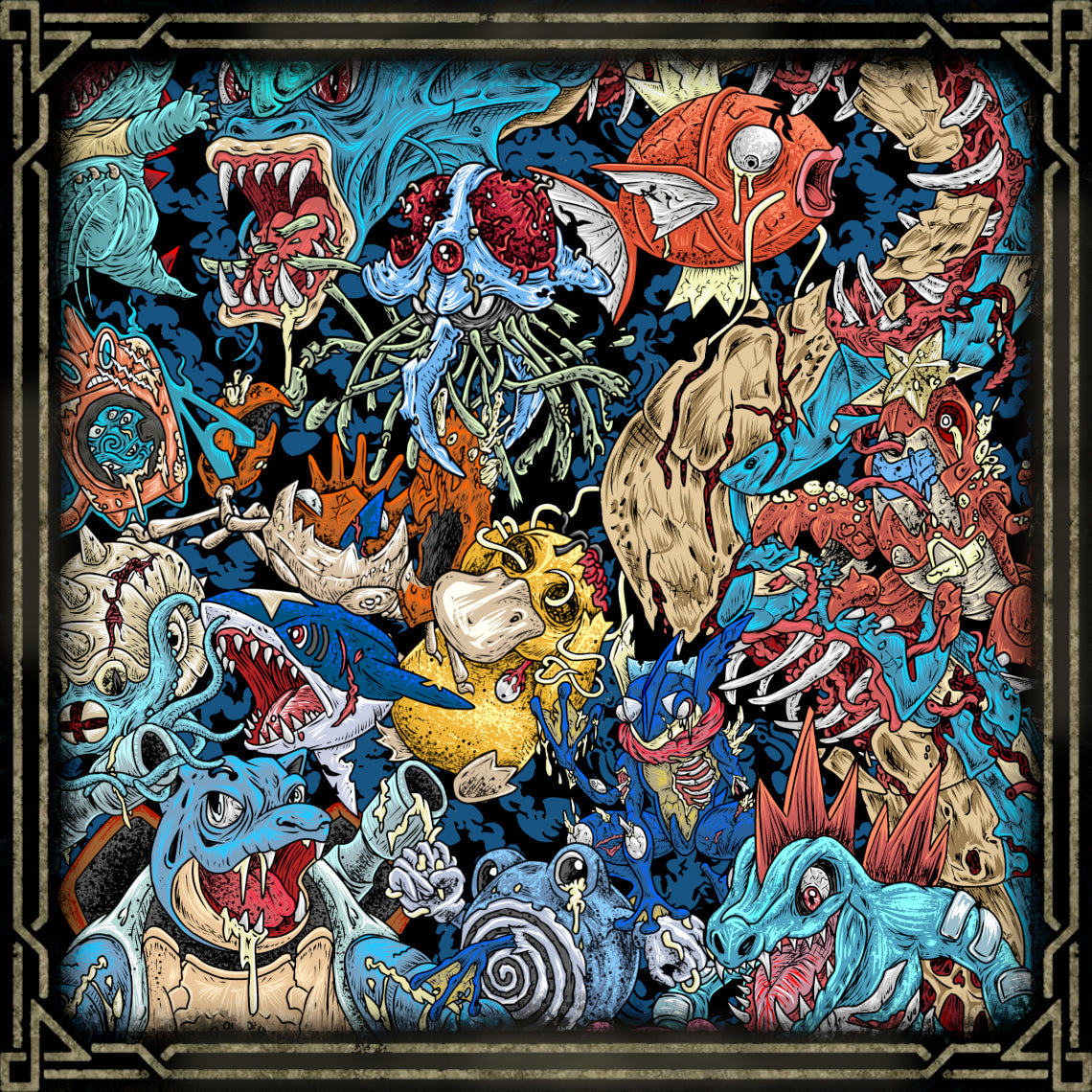 Artwork of Cursed Water Type. Water-type are among the most mysterious and unsettling creatures in the world, lurking beneath dark waters where sunlight cannot reach. Iconic Pokémon such as Blastoise, Gyarados, and Omastar are reimagined as cursed beings of the deep, wielding the power of violent storms, crushing tides, and ancient oceanic forces. Their presence evokes both awe and dread, embodying the unknowable horrors hidden beneath the waves.