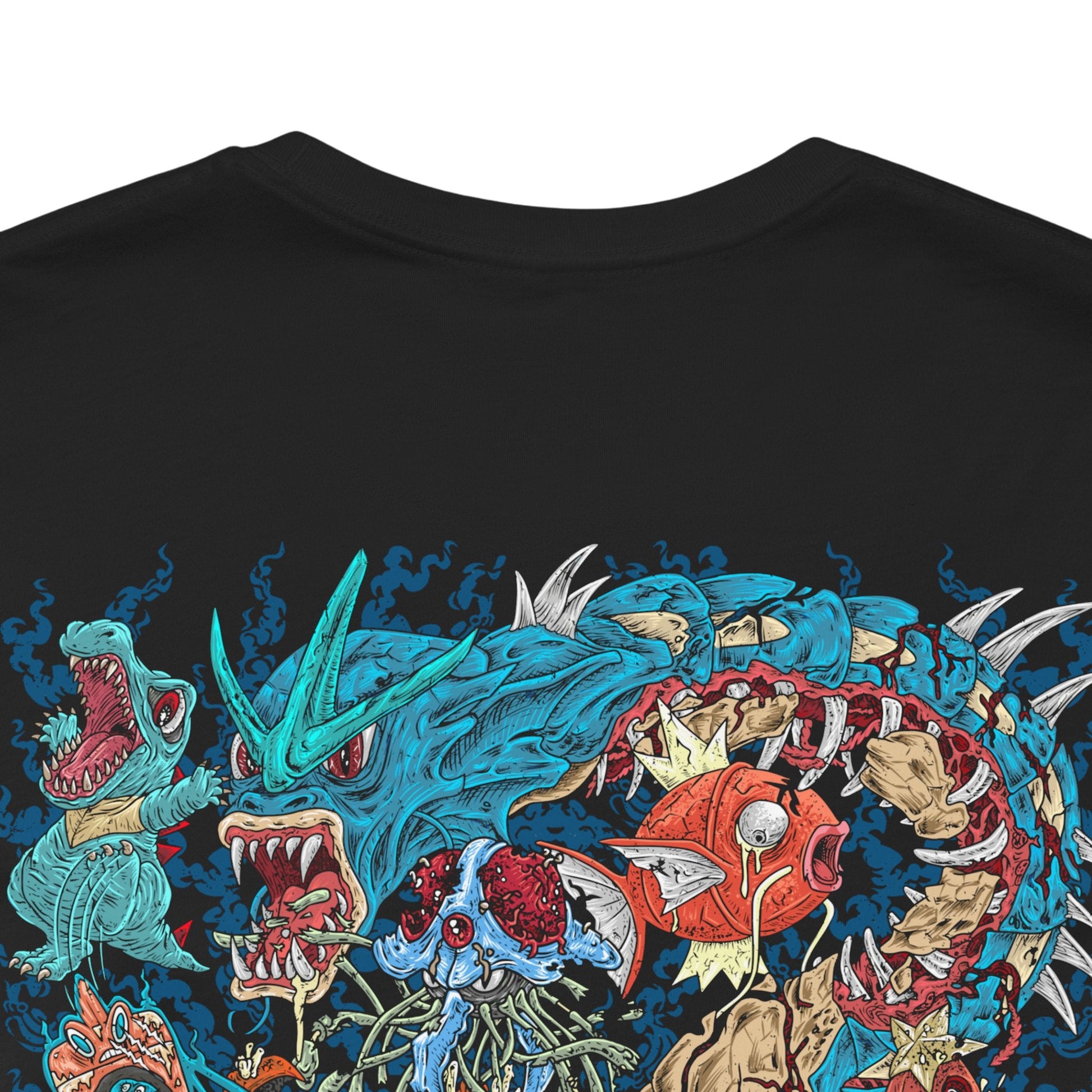 Image 7 of a T-Shirt artwork depicting iconic Water-type Pokémon emerging from an ancient coastal landscape where towering waterfalls, rocky cliffs, and deep blue oceans meet. Crystal-clear water spirals around them as sunlight reflects across the waves, creating a vibrant aquatic scene. The design reflects the diversity of Water-type Pokémon, from graceful swimmers to powerful ocean guardians.