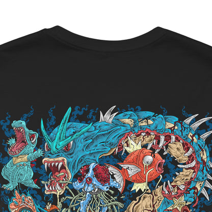 Image 7 of a T-Shirt artwork depicting iconic Water-type Pokémon emerging from an ancient coastal landscape where towering waterfalls, rocky cliffs, and deep blue oceans meet. Crystal-clear water spirals around them as sunlight reflects across the waves, creating a vibrant aquatic scene. The design reflects the diversity of Water-type Pokémon, from graceful swimmers to powerful ocean guardians.
