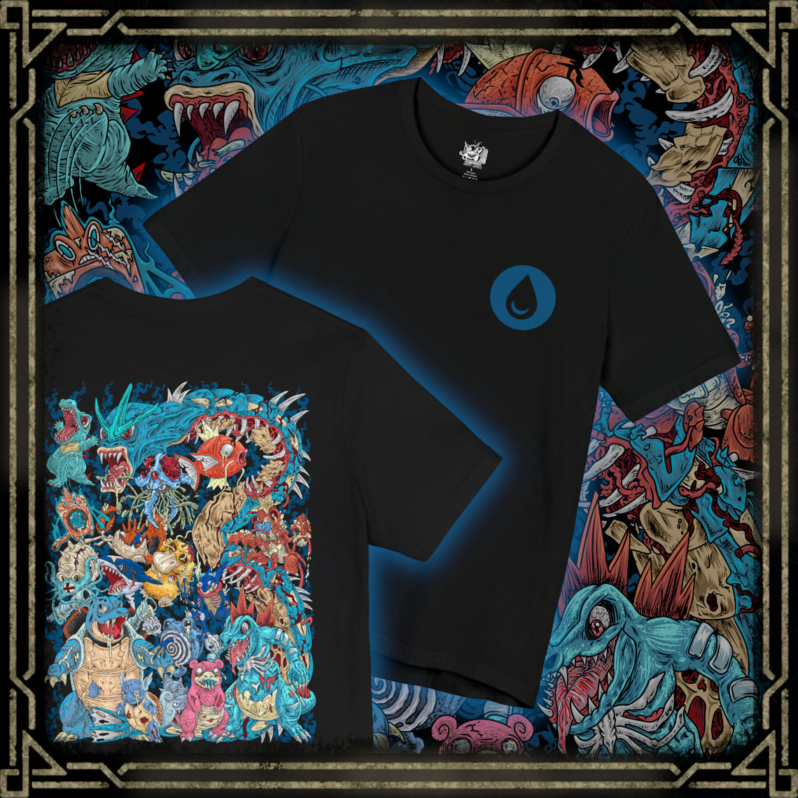 Thumbnail of a T-Shirt artwork depicting iconic Water-type Pokémon emerging from an ancient coastal landscape where towering waterfalls, rocky cliffs, and deep blue oceans meet. Crystal-clear water spirals around them as sunlight reflects across the waves, creating a vibrant aquatic scene. The design reflects the diversity of Water-type Pokémon, from graceful swimmers to powerful ocean guardians.