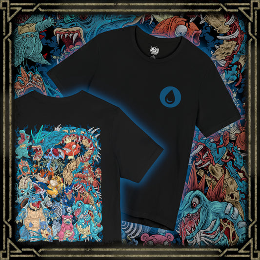 Thumbnail of a T-Shirt artwork depicting iconic Water-type Pokémon emerging from an ancient coastal landscape where towering waterfalls, rocky cliffs, and deep blue oceans meet. Crystal-clear water spirals around them as sunlight reflects across the waves, creating a vibrant aquatic scene. The design reflects the diversity of Water-type Pokémon, from graceful swimmers to powerful ocean guardians.