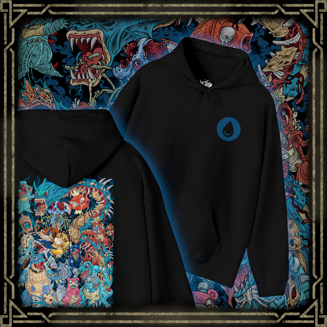 Thumbnail of a Hooded Sweatshirt of powerful Water-type Pokémon commanding the sea amid rolling waves, ocean spray, and glowing aquatic energy. Schools of fish swim beneath the surface while storm clouds gather over the horizon, emphasizing the immense power of water in nature. The composition highlights fluid movement, elemental strength, and the timeless connection between Water-type Pokémon and their aquatic world.