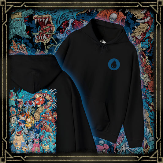 Thumbnail of a Hooded Sweatshirt of powerful Water-type Pokémon commanding the sea amid rolling waves, ocean spray, and glowing aquatic energy. Schools of fish swim beneath the surface while storm clouds gather over the horizon, emphasizing the immense power of water in nature. The composition highlights fluid movement, elemental strength, and the timeless connection between Water-type Pokémon and their aquatic world.