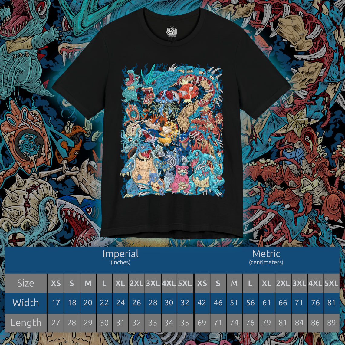 Size chart of a T-Shirt design featuring a collection of Water-type Pokémon gathered beneath crashing ocean waves, surrounded by coral reefs, flowing currents, and shimmering blue light. Powerful tides swirl around the aquatic Pokémon as bubbles rise toward the surface. The design captures the beauty, adaptability, and elemental mastery that define Water-type Pokémon across rivers, lakes, and the open sea.