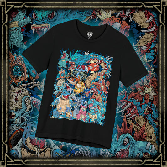 Thumbnail of a T-Shirt design featuring a collection of Water-type Pokémon gathered beneath crashing ocean waves, surrounded by coral reefs, flowing currents, and shimmering blue light. Powerful tides swirl around the aquatic Pokémon as bubbles rise toward the surface. The design captures the beauty, adaptability, and elemental mastery that define Water-type Pokémon across rivers, lakes, and the open sea.