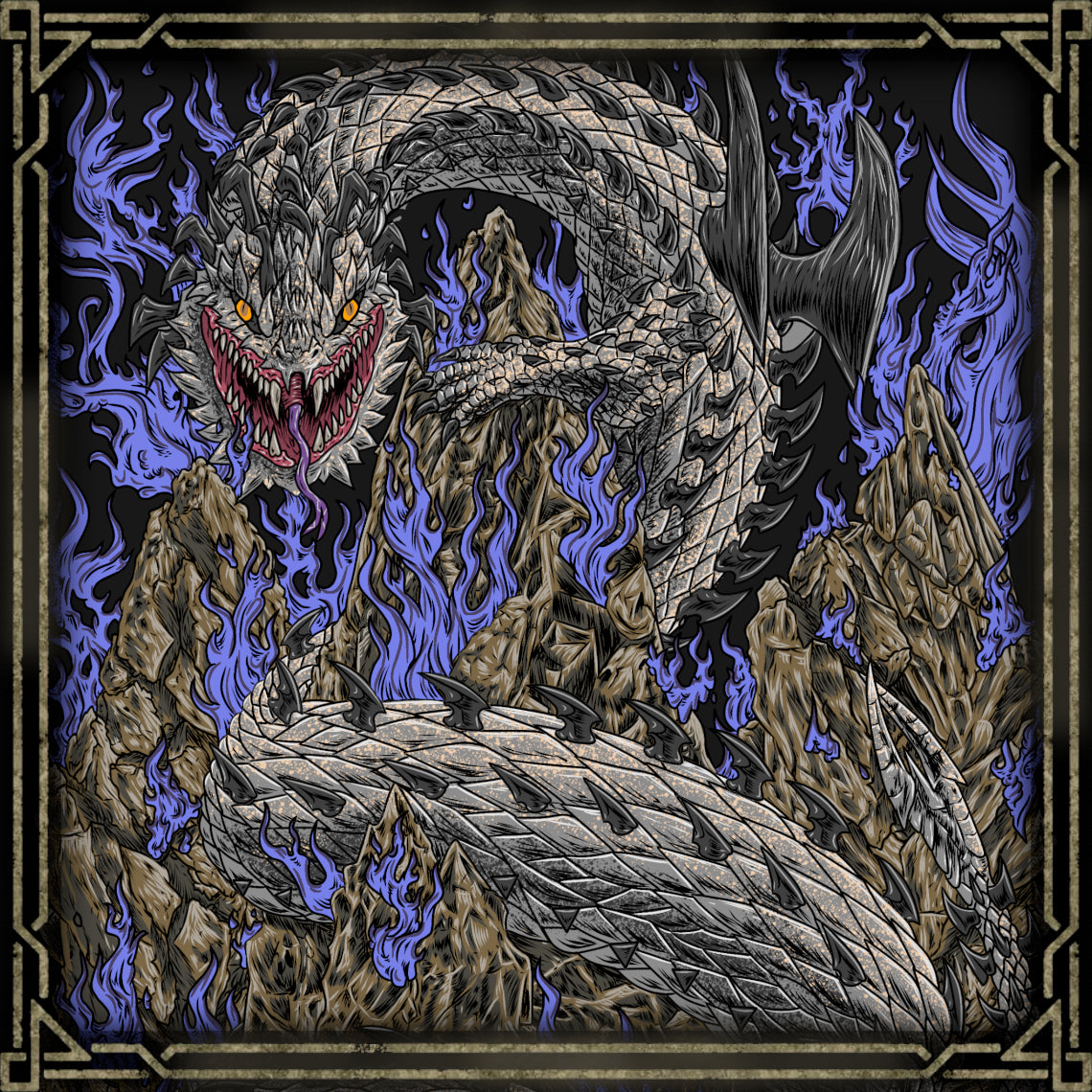 Artwork of Dalamadur the Serpent King. Dalamadur is a colossal serpentine Elder Dragon introduced in Monster Hunter 4. Its enormous body stretches across entire mountain ranges, while its poisonous breath, crushing coils, and massive fangs make it an overwhelming opponent. Ancient legends describe Dalamadur as a creature capable of changing the landscape simply by moving through it, giving rise to its reputation as one of Monster Hunter's most gigantic monsters.