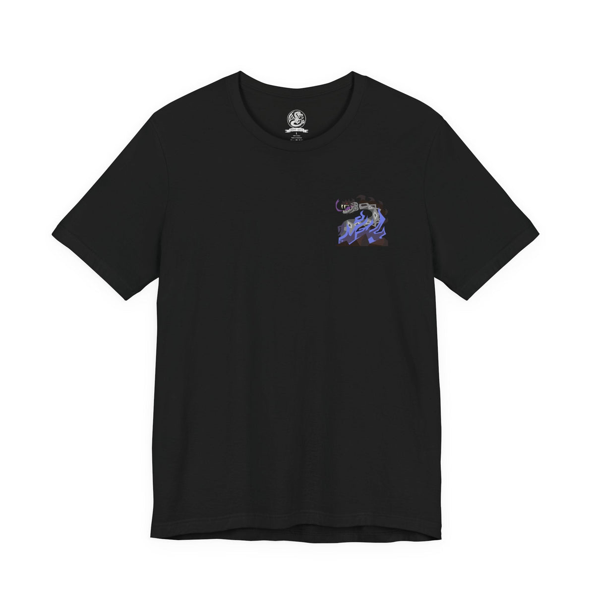 Image 4 of a T-Shirt artwork depicting Dalamadur twisting its enormous serpentine body around a jagged mountain while hunters battle across its scales below. The Elder Dragon's massive head emerges from the darkness with its jaws open, revealing enormous fangs as poisonous energy gathers around its mouth. Storm clouds, cliffs, and scattered hunters emphasize the creature's overwhelming size.