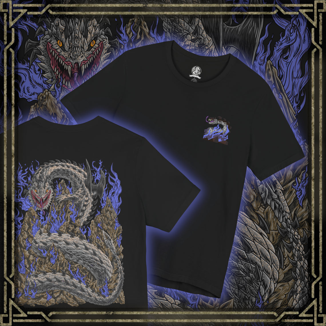 Thumbnail of a T-Shirt artwork depicting Dalamadur twisting its enormous serpentine body around a jagged mountain while hunters battle across its scales below. The Elder Dragon's massive head emerges from the darkness with its jaws open, revealing enormous fangs as poisonous energy gathers around its mouth. Storm clouds, cliffs, and scattered hunters emphasize the creature's overwhelming size.