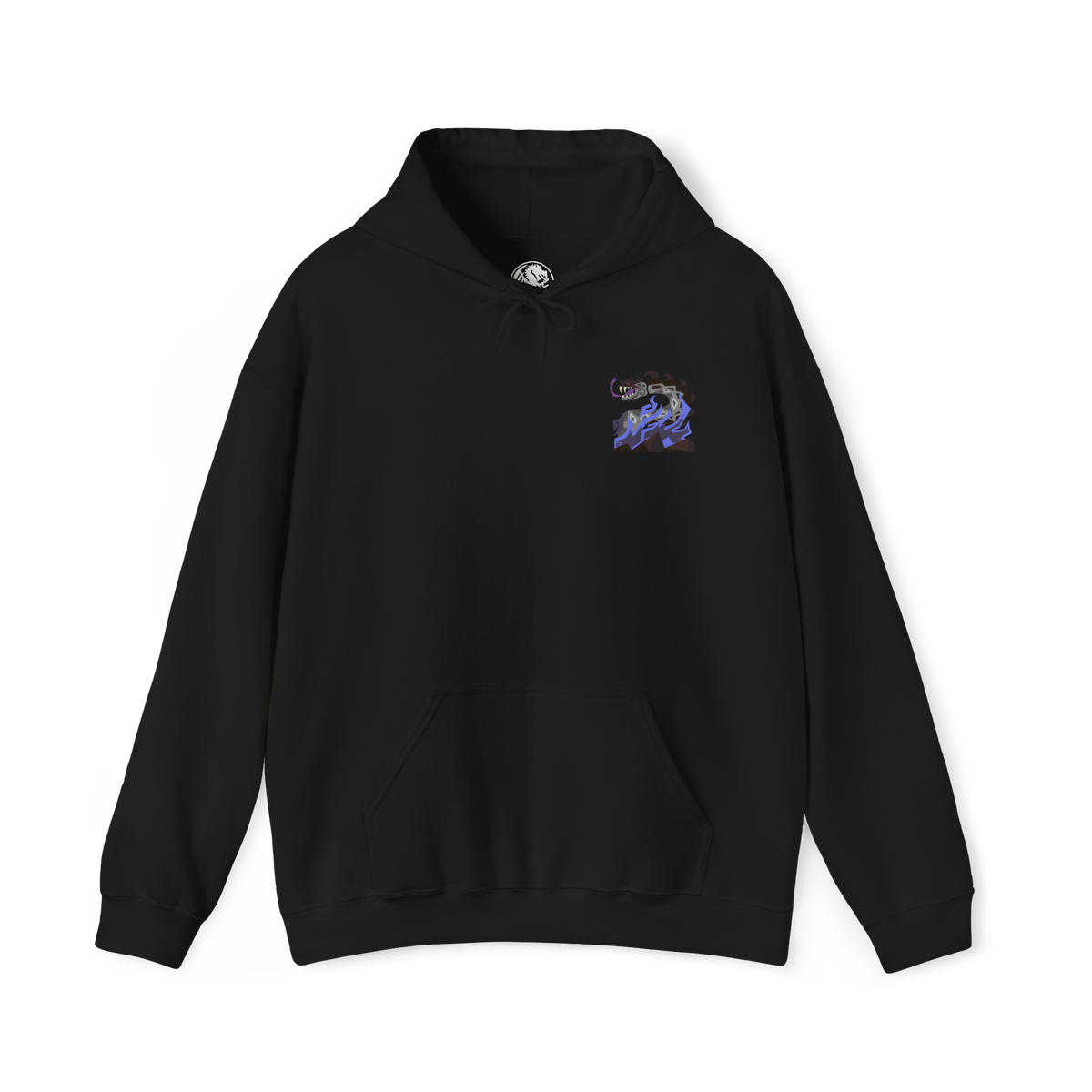 Image 4 of a Hooded Sweatshirt of Dalamadur from Monster Hunter 4 Ultimate, showing the gigantic Elder Dragon coiling around a mountain range as its enormous head rises above the clouds. Dark scales, jagged spines, and huge fangs dominate the composition while poisonous energy glows around its jaws. Lightning, rocky peaks, and tiny hunters below emphasize the staggering scale of the ancient serpent.