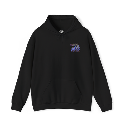 Image 4 of a Hooded Sweatshirt of Dalamadur from Monster Hunter 4 Ultimate, showing the gigantic Elder Dragon coiling around a mountain range as its enormous head rises above the clouds. Dark scales, jagged spines, and huge fangs dominate the composition while poisonous energy glows around its jaws. Lightning, rocky peaks, and tiny hunters below emphasize the staggering scale of the ancient serpent.