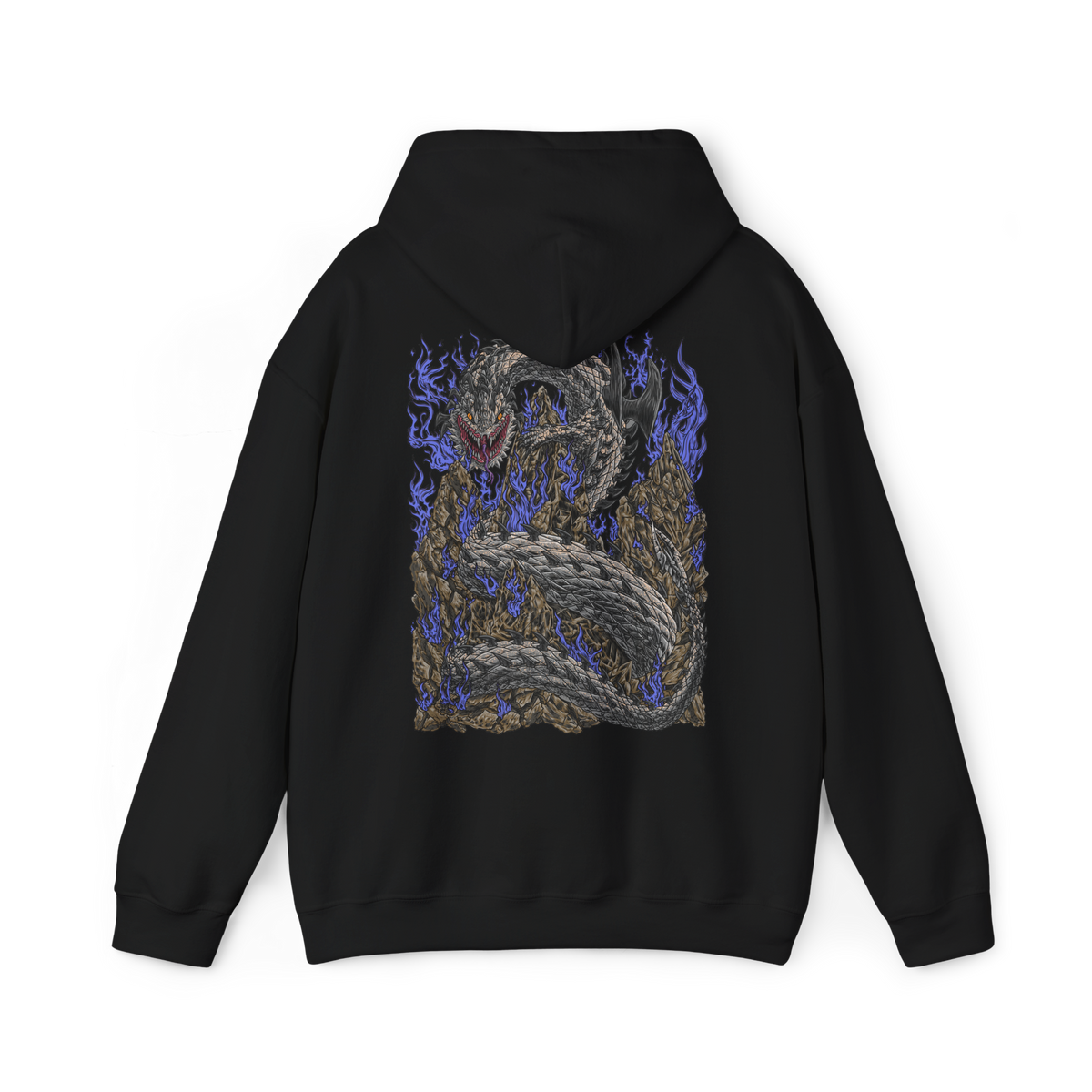 Image 5 of a Hooded Sweatshirt of Dalamadur from Monster Hunter 4 Ultimate, showing the gigantic Elder Dragon coiling around a mountain range as its enormous head rises above the clouds. Dark scales, jagged spines, and huge fangs dominate the composition while poisonous energy glows around its jaws. Lightning, rocky peaks, and tiny hunters below emphasize the staggering scale of the ancient serpent.
