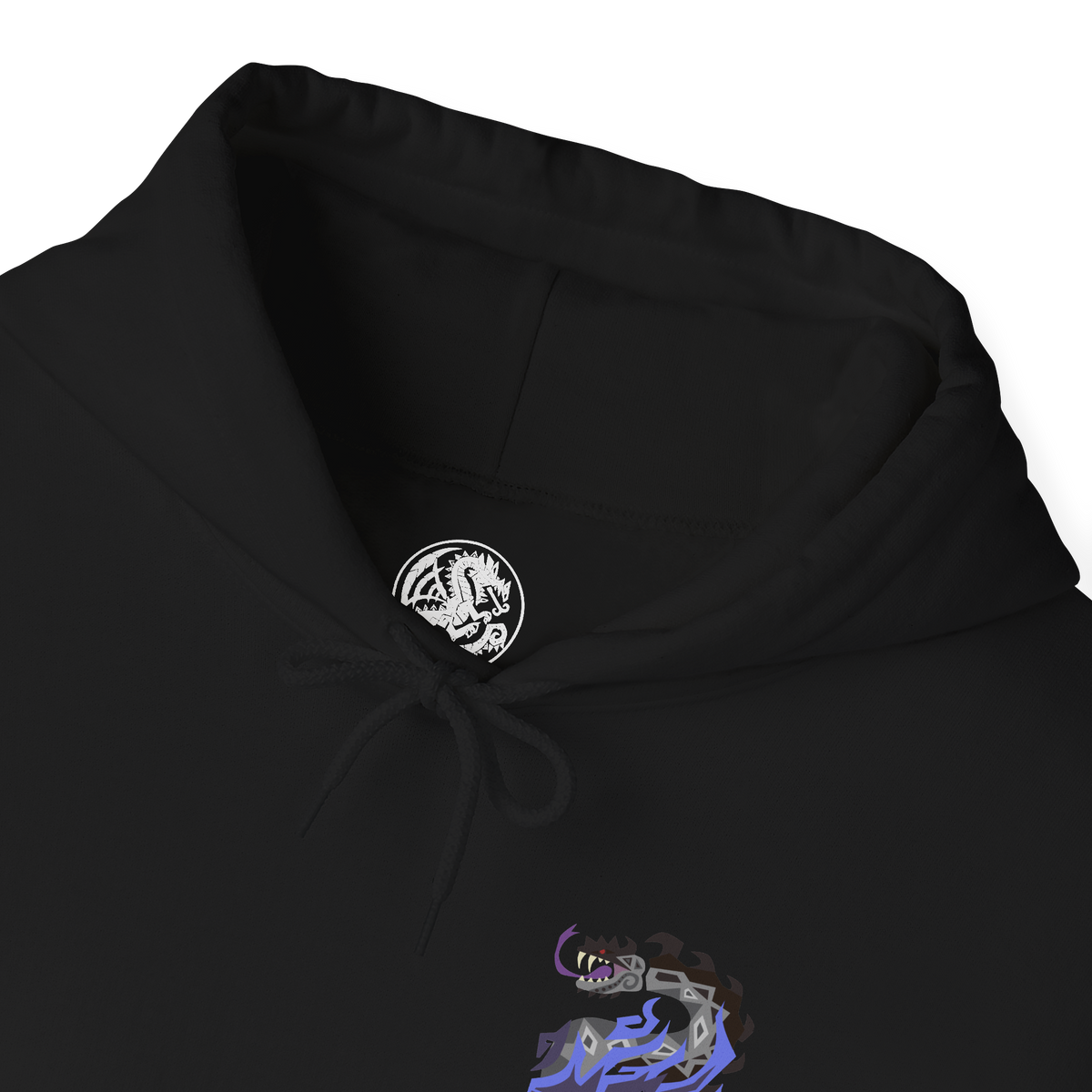 Folded Hooded Sweatshirt of Dalamadur from Monster Hunter 4 Ultimate, showing the gigantic Elder Dragon coiling around a mountain range as its enormous head rises above the clouds. Dark scales, jagged spines, and huge fangs dominate the composition while poisonous energy glows around its jaws. Lightning, rocky peaks, and tiny hunters below emphasize the staggering scale of the ancient serpent.