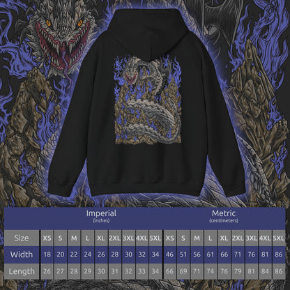 Size chart of a Hooded Sweatshirt of Dalamadur from Monster Hunter 4 Ultimate, showing the gigantic Elder Dragon coiling around a mountain range as its enormous head rises above the clouds. Dark scales, jagged spines, and huge fangs dominate the composition while poisonous energy glows around its jaws. Lightning, rocky peaks, and tiny hunters below emphasize the staggering scale of the ancient serpent.