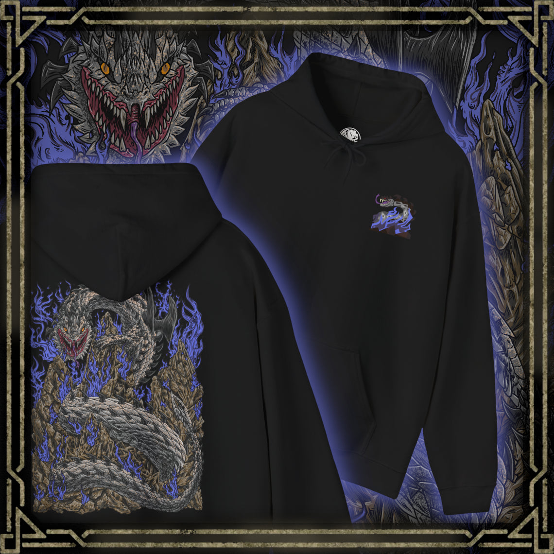 Thumbnail of a Hooded Sweatshirt of Dalamadur from Monster Hunter 4 Ultimate, showing the gigantic Elder Dragon coiling around a mountain range as its enormous head rises above the clouds. Dark scales, jagged spines, and huge fangs dominate the composition while poisonous energy glows around its jaws. Lightning, rocky peaks, and tiny hunters below emphasize the staggering scale of the ancient serpent.