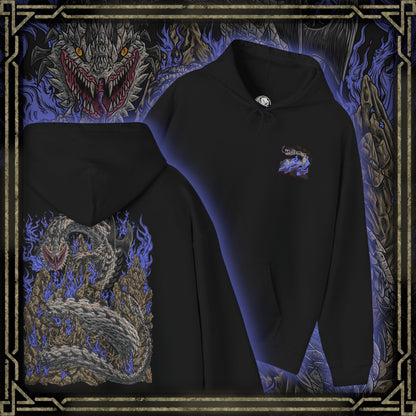 Thumbnail of a Hooded Sweatshirt of Dalamadur from Monster Hunter 4 Ultimate, showing the gigantic Elder Dragon coiling around a mountain range as its enormous head rises above the clouds. Dark scales, jagged spines, and huge fangs dominate the composition while poisonous energy glows around its jaws. Lightning, rocky peaks, and tiny hunters below emphasize the staggering scale of the ancient serpent.