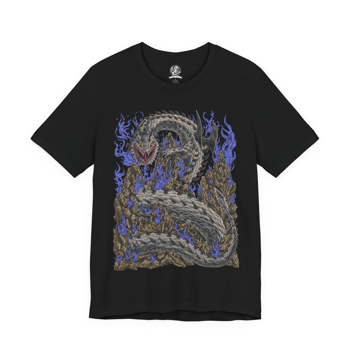 Image 4 of a T-Shirt design of Dalamadur from Monster Hunter 4 Ultimate, depicting the colossal black serpentine Elder Dragon coiling around towering mountain peaks beneath a storm-filled sky. Its enormous fanged head rises above the landscape while its long body winds through the rocky battlefield. The artwork emphasizes Dalamadur's immense scale, ancient power, and terrifying presence.
