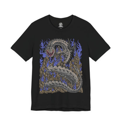 Image 4 of a T-Shirt design of Dalamadur from Monster Hunter 4 Ultimate, depicting the colossal black serpentine Elder Dragon coiling around towering mountain peaks beneath a storm-filled sky. Its enormous fanged head rises above the landscape while its long body winds through the rocky battlefield. The artwork emphasizes Dalamadur's immense scale, ancient power, and terrifying presence.