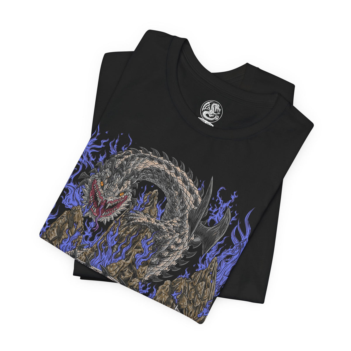 Image 5 of a T-Shirt design of Dalamadur from Monster Hunter 4 Ultimate, depicting the colossal black serpentine Elder Dragon coiling around towering mountain peaks beneath a storm-filled sky. Its enormous fanged head rises above the landscape while its long body winds through the rocky battlefield. The artwork emphasizes Dalamadur's immense scale, ancient power, and terrifying presence.