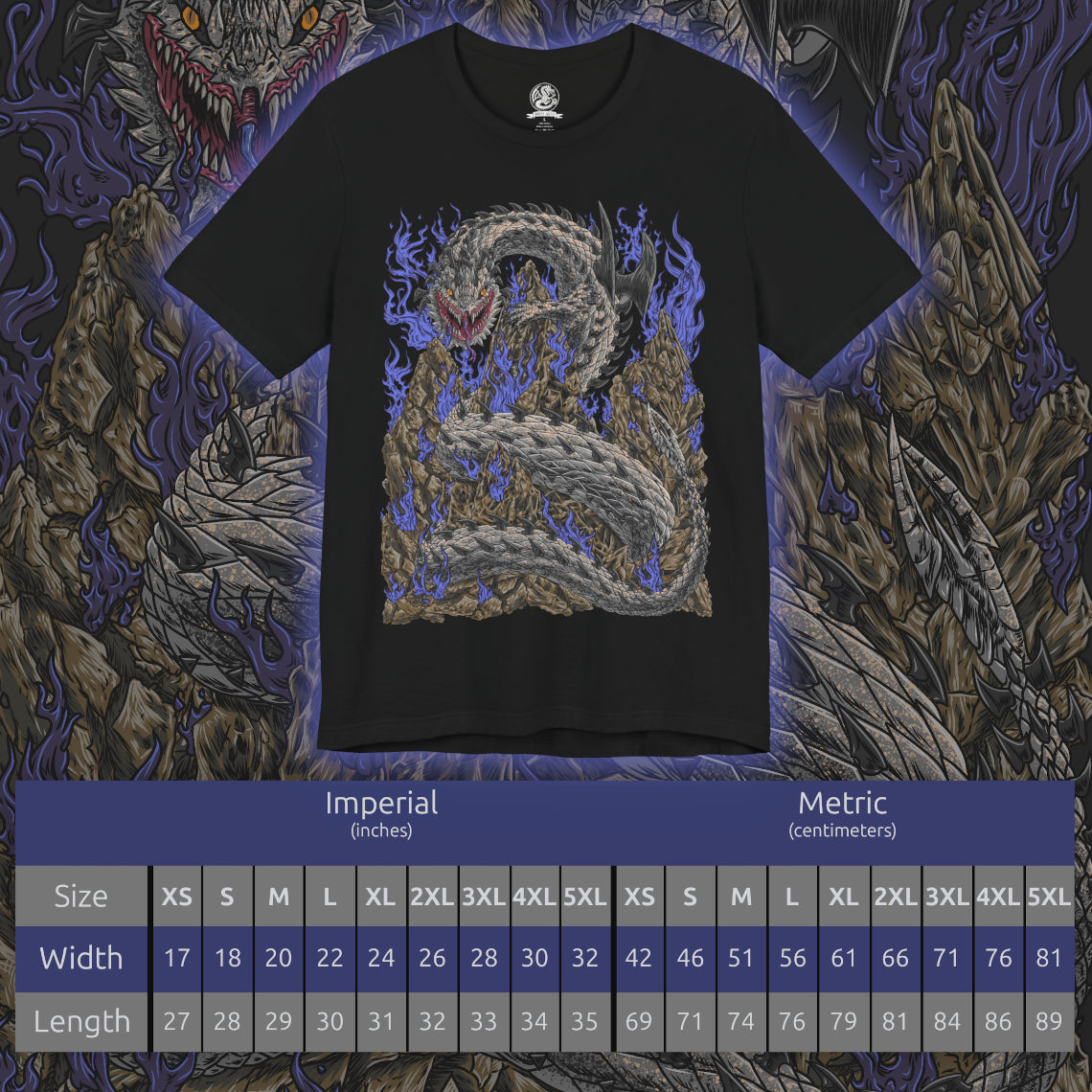 Size chart of a T-Shirt design of Dalamadur from Monster Hunter 4 Ultimate, depicting the colossal black serpentine Elder Dragon coiling around towering mountain peaks beneath a storm-filled sky. Its enormous fanged head rises above the landscape while its long body winds through the rocky battlefield. The artwork emphasizes Dalamadur's immense scale, ancient power, and terrifying presence.