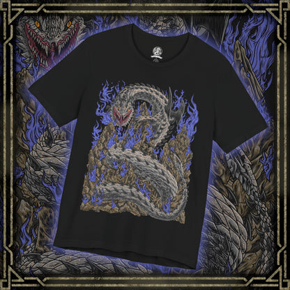 Thumbnail of a T-Shirt design of Dalamadur from Monster Hunter 4 Ultimate, depicting the colossal black serpentine Elder Dragon coiling around towering mountain peaks beneath a storm-filled sky. Its enormous fanged head rises above the landscape while its long body winds through the rocky battlefield. The artwork emphasizes Dalamadur's immense scale, ancient power, and terrifying presence.