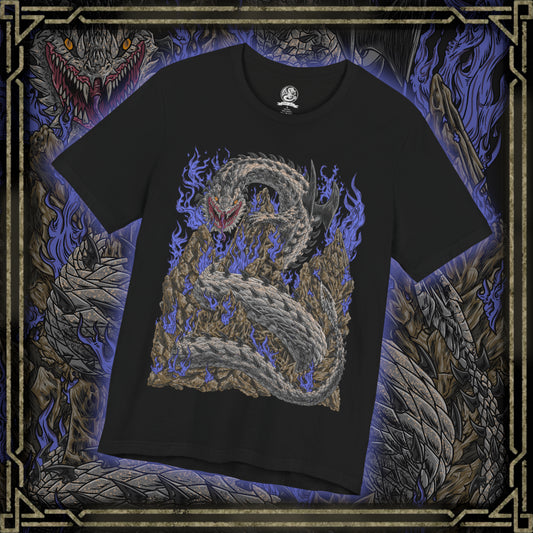 Thumbnail of a T-Shirt design of Dalamadur from Monster Hunter 4 Ultimate, depicting the colossal black serpentine Elder Dragon coiling around towering mountain peaks beneath a storm-filled sky. Its enormous fanged head rises above the landscape while its long body winds through the rocky battlefield. The artwork emphasizes Dalamadur's immense scale, ancient power, and terrifying presence.
