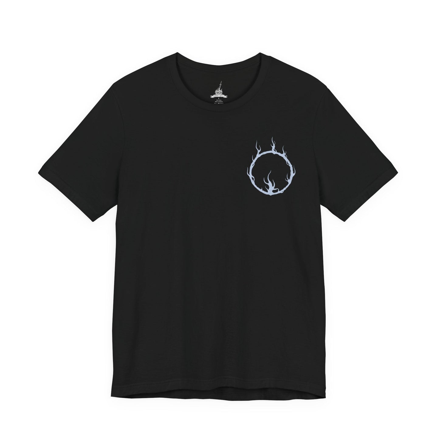 Image 4 of a T-Shirt artwork depicting the Dancer mid-spin, her flowing veil and distorted armor illuminated by flickering firelight inside a vast, empty hall. One blade burns with cold blue flame while the other radiates warm orange fire, creating a deadly contrast. This design reflects her unpredictable movements, tragic transformation, and the hypnotic horror of her relentless, fluid combat style.