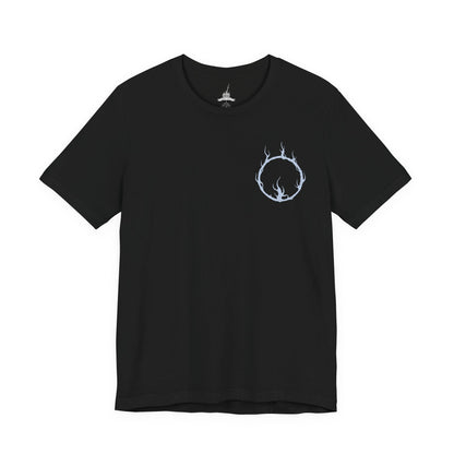 Image 4 of a T-Shirt artwork depicting the Dancer mid-spin, her flowing veil and distorted armor illuminated by flickering firelight inside a vast, empty hall. One blade burns with cold blue flame while the other radiates warm orange fire, creating a deadly contrast. This design reflects her unpredictable movements, tragic transformation, and the hypnotic horror of her relentless, fluid combat style.