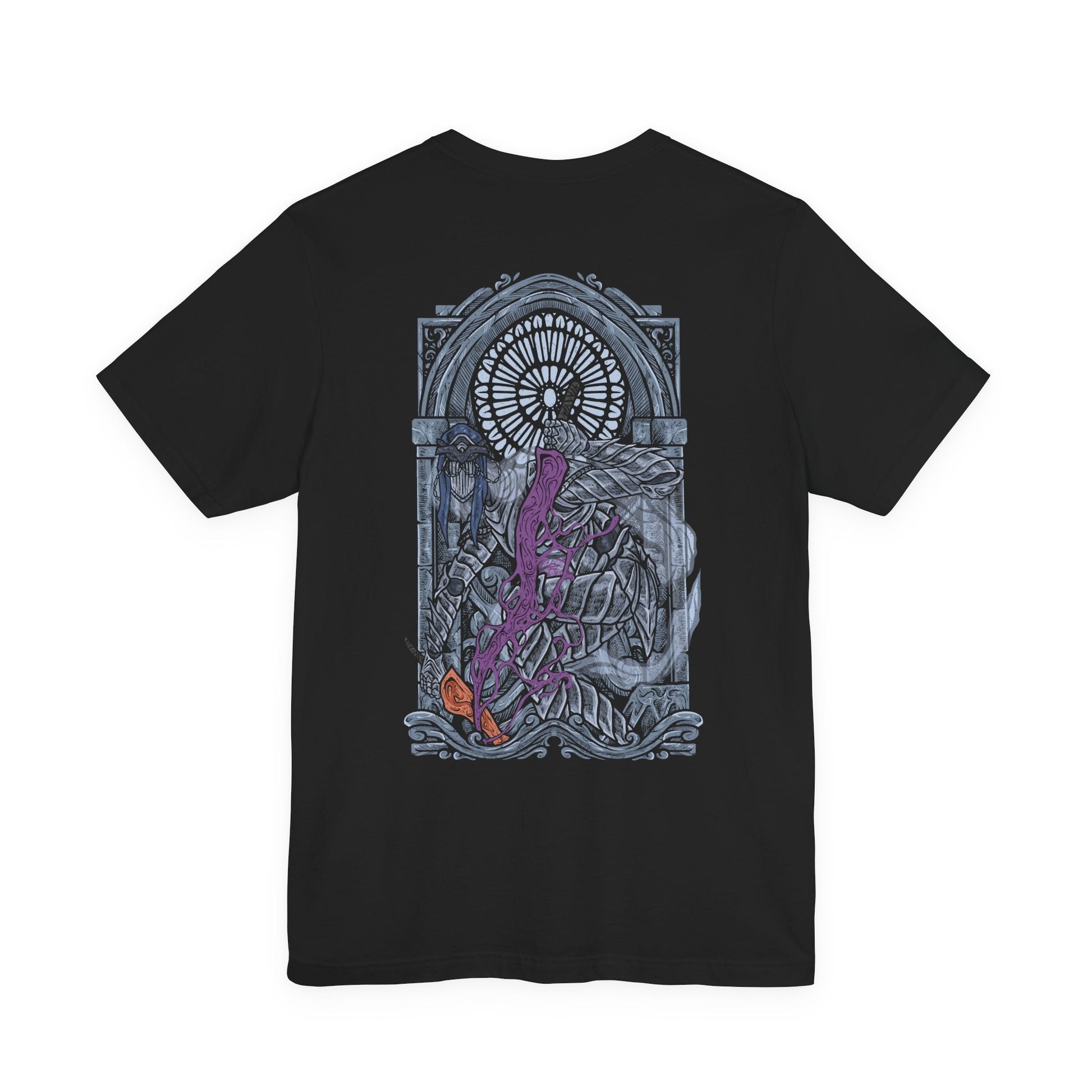 Image 5 of a T-Shirt artwork depicting the Dancer mid-spin, her flowing veil and distorted armor illuminated by flickering firelight inside a vast, empty hall. One blade burns with cold blue flame while the other radiates warm orange fire, creating a deadly contrast. This design reflects her unpredictable movements, tragic transformation, and the hypnotic horror of her relentless, fluid combat style.