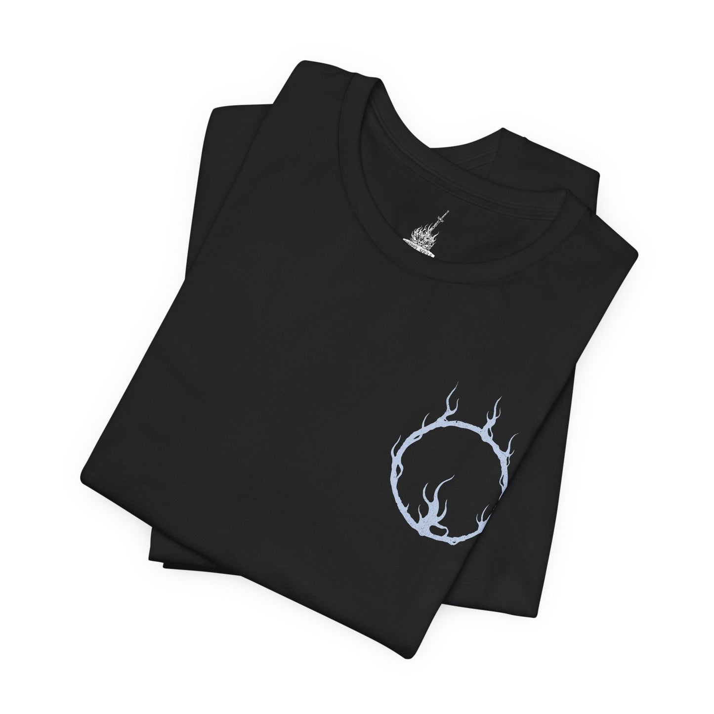 Image 6 of a T-Shirt artwork depicting the Dancer mid-spin, her flowing veil and distorted armor illuminated by flickering firelight inside a vast, empty hall. One blade burns with cold blue flame while the other radiates warm orange fire, creating a deadly contrast. This design reflects her unpredictable movements, tragic transformation, and the hypnotic horror of her relentless, fluid combat style.