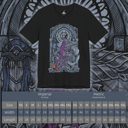 Size chart of a T-Shirt artwork depicting the Dancer mid-spin, her flowing veil and distorted armor illuminated by flickering firelight inside a vast, empty hall. One blade burns with cold blue flame while the other radiates warm orange fire, creating a deadly contrast. This design reflects her unpredictable movements, tragic transformation, and the hypnotic horror of her relentless, fluid combat style.